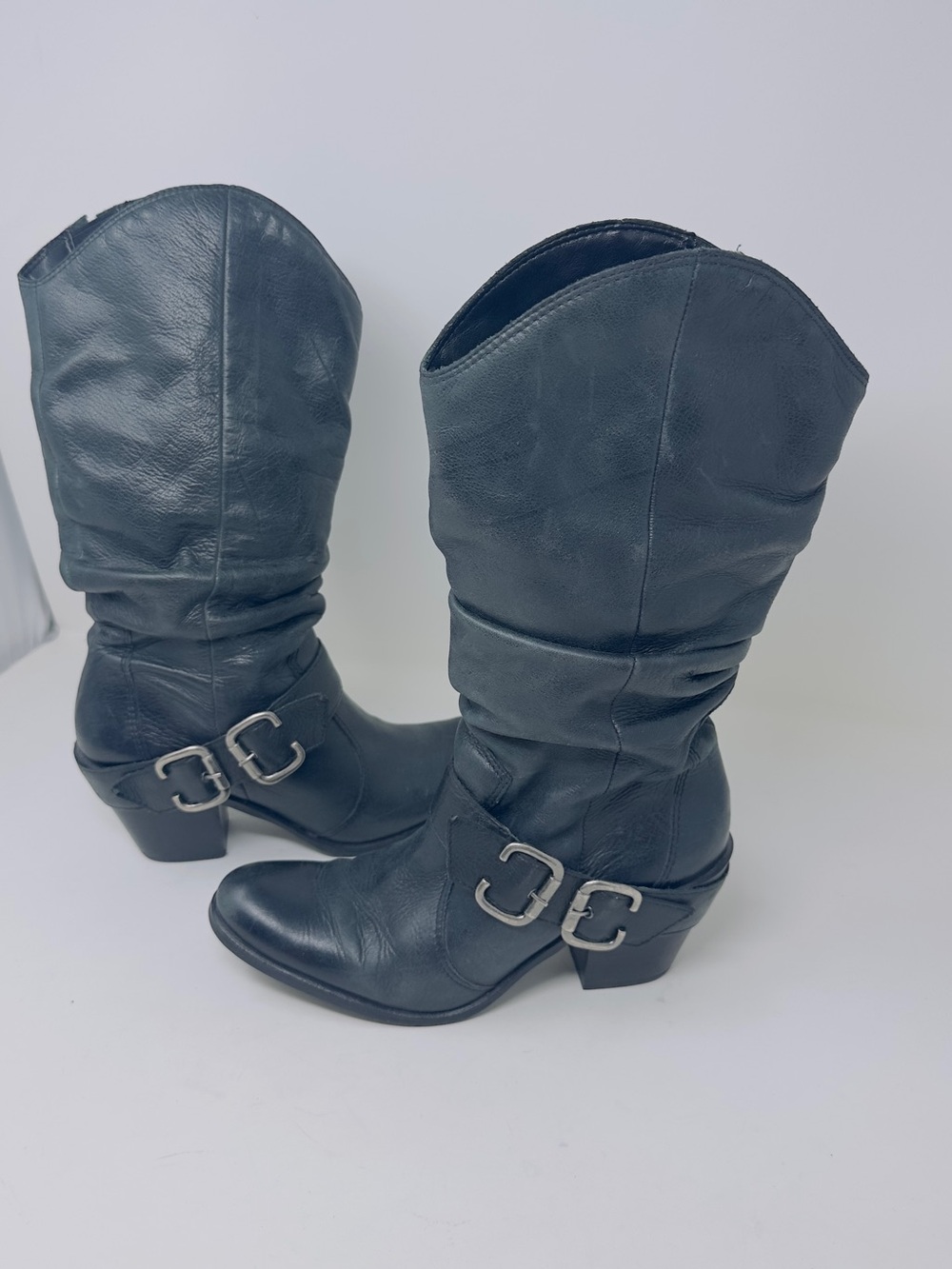 Matisse Willie Black‎ Leather Heeled Harness Cowboy Moto Boots Womens Sz 7.5